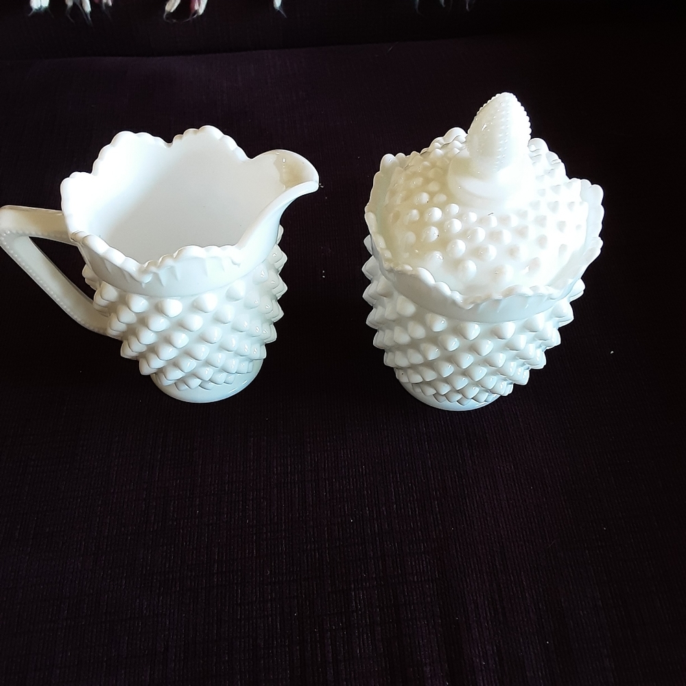 ANTIQUE MILK GLASS HOBNAIL PITCHER AND SUGAR BOWL.